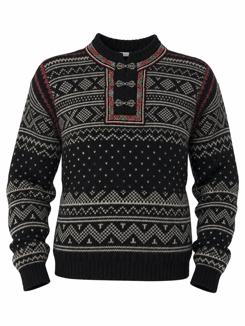 L.M. Norway Wool Sweater with Black, Gray & Red Detailing